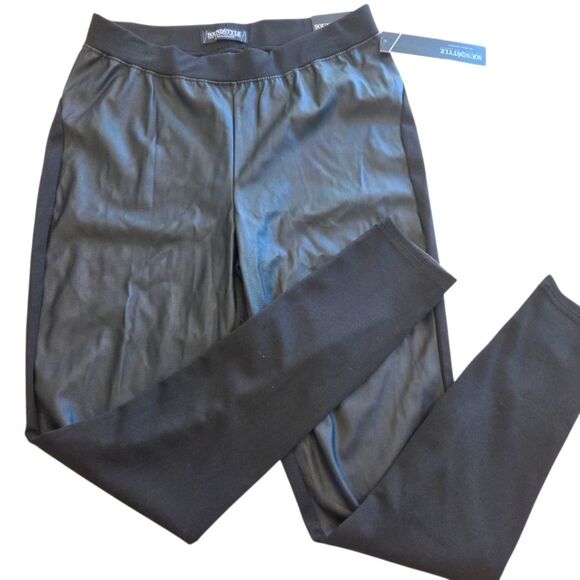 NWT Soundstyle Faux Leather Front Knit Back Women's Black Legging Pants M - Picture 1 of 9